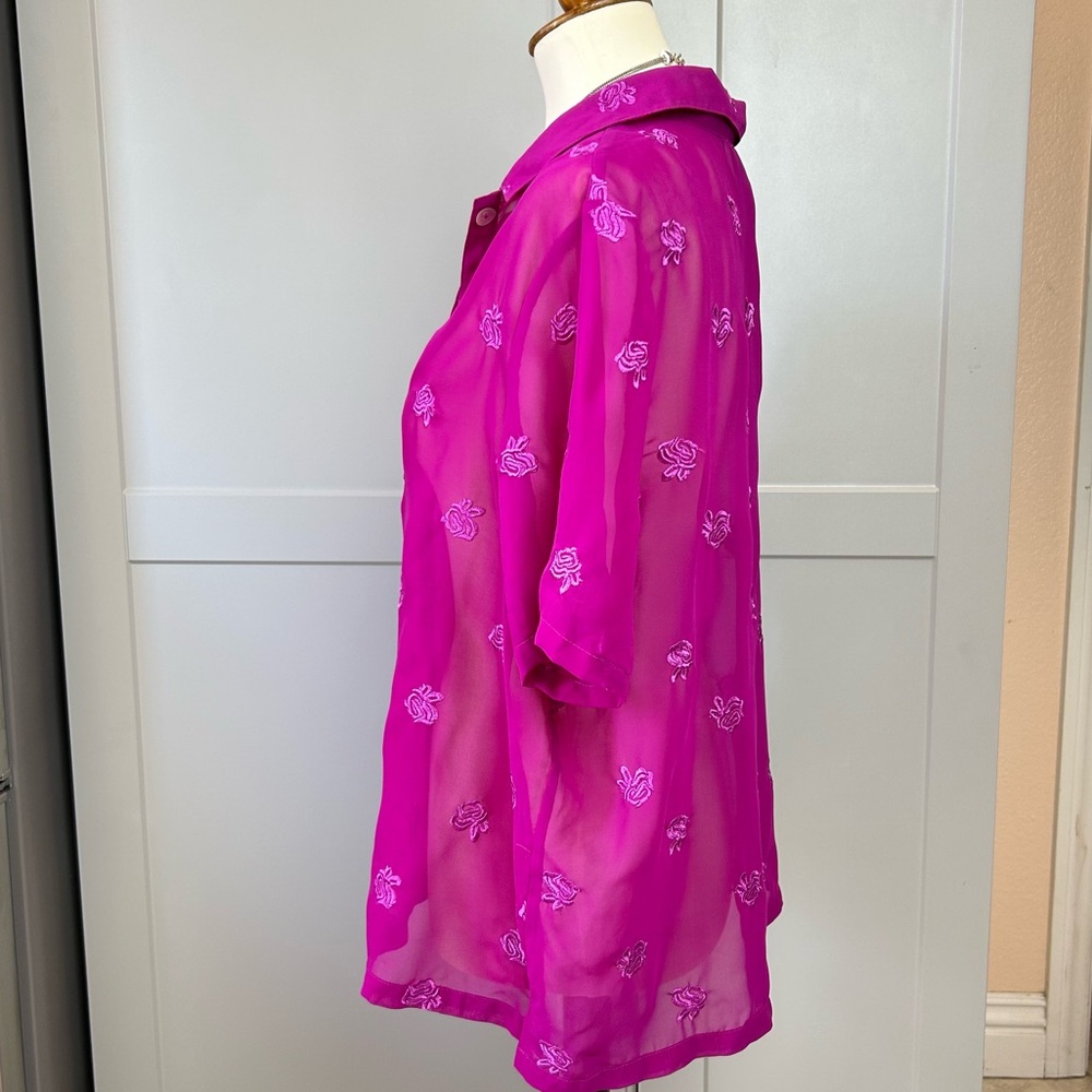 VTG Country Wear Casuals LG Pink Sheer Top Floral Embroidered Y2K Spring Roses - Picture 3 of 8